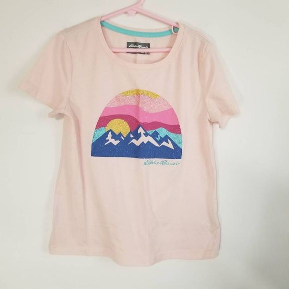 Eddie Bauer pink tshirt tee top girls 10-12 Medium Mountain sun set rise - Picture 1 of 5